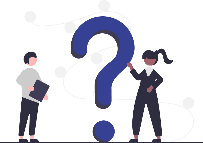 Two cartoon people standing next to a large question mark