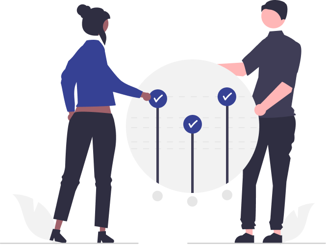 Two cartoon people standing next to check marks, defining their goals